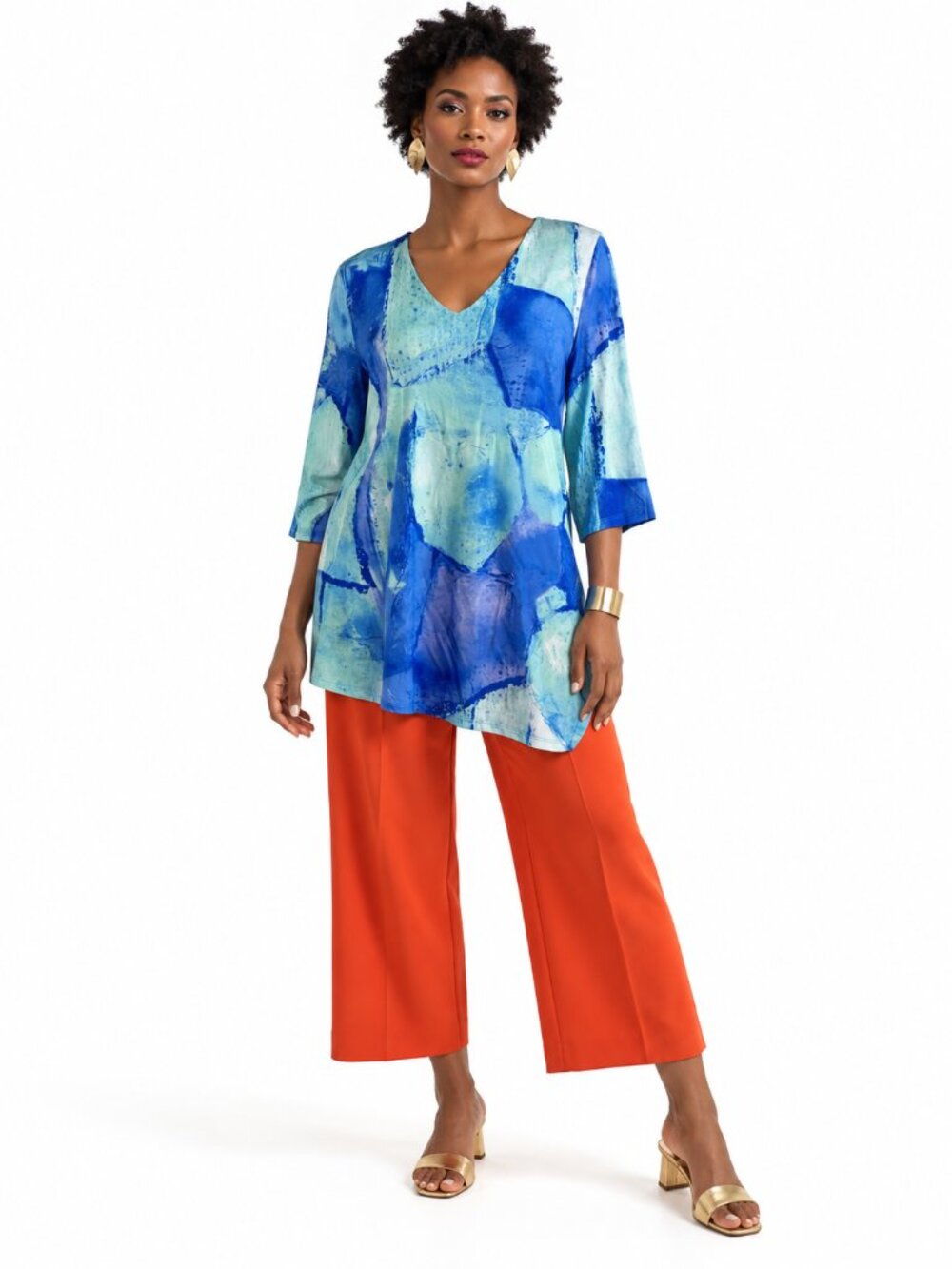 Clara Sun Woo Watercolor Tunic Top Blue Aqua Artsy Lagenlook Size S